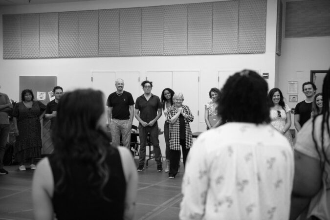 Merrily We Roll Along_Broadway_Rehearsal Photos_2023_Tim Jackson, Reg Rogers, Krystal Joy Brown, Director Maria Friedman, Lindsay ﻿Mendez, Jonathan Groff, and Katie Rose Clarke_HR